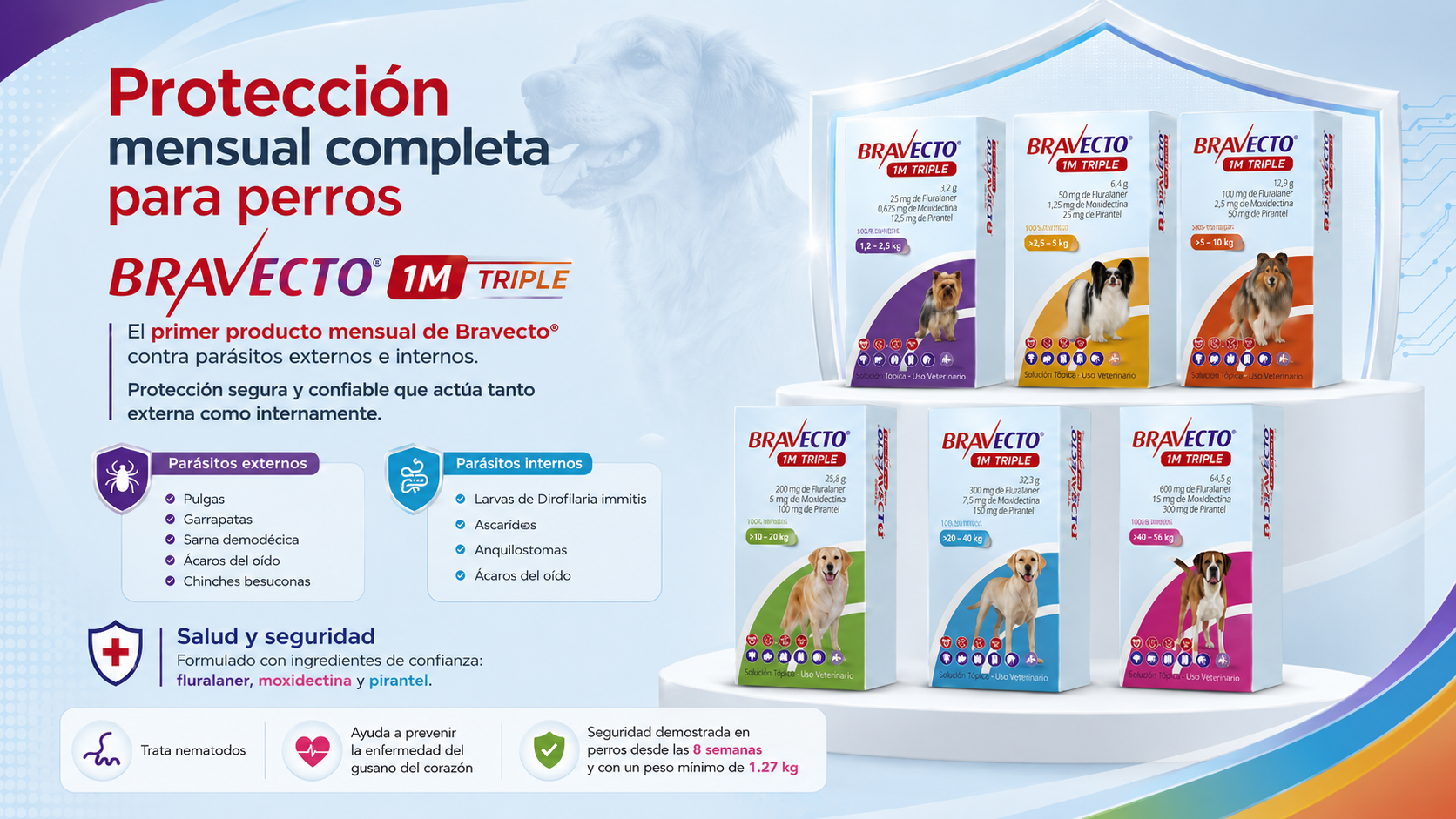 Proteccion mensual completa para perros con Bravecto 1M Triple.