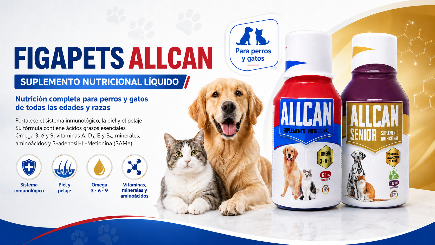 Figapets Allcan suplemento nutricional liquido para perros y gatos.
