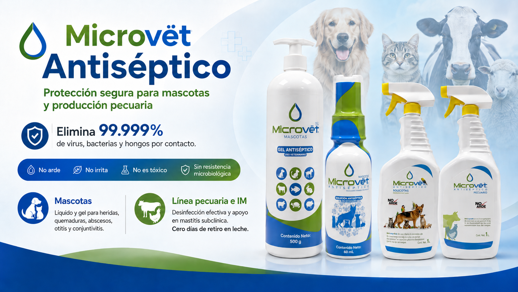 Microvet antiseptico para mascotas y produccion pecuaria.